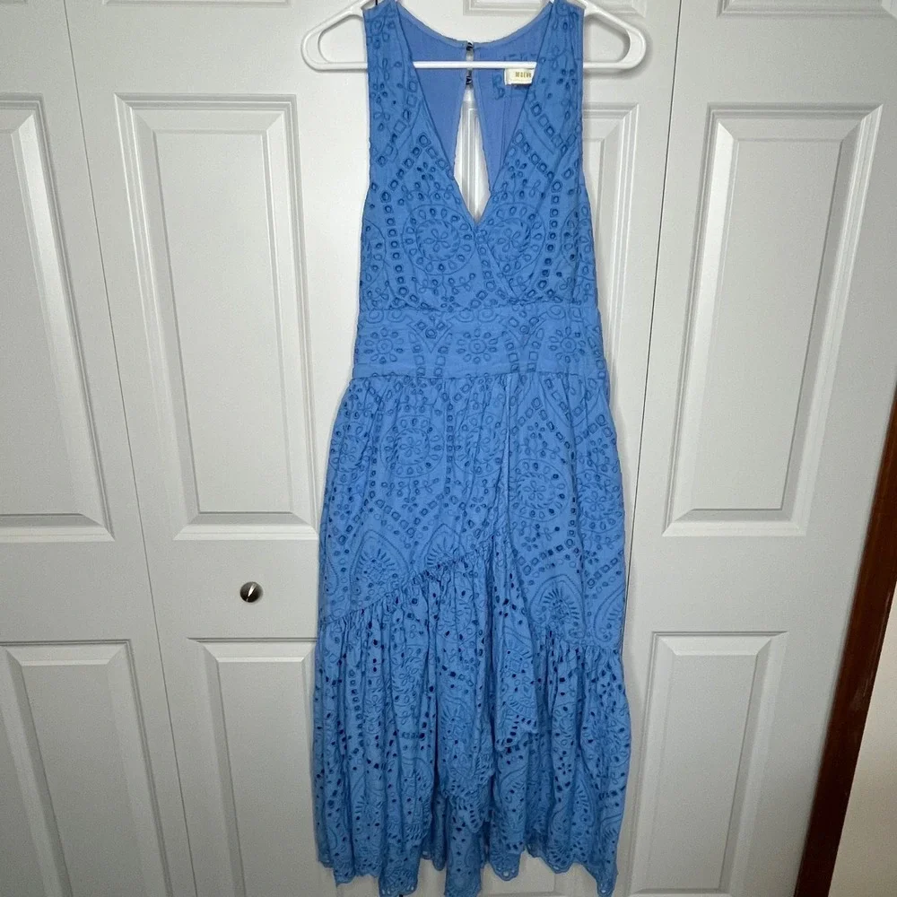 Maeve Anthropologie Blue Eyelet Midi Dress Size 12 Tie Waist Boho - Picture 3 of 15